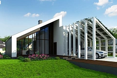 Современный дом с просторной гостиной и большим остеклением