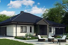 Проект одноэтажного дома с четырехскатной кровлей и гаражом на два автомобиля.