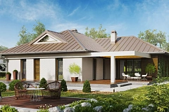 Проект удобного одноэтажного дома с большой угловой террасой