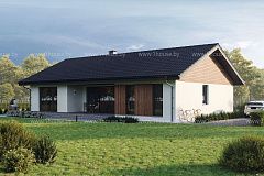 Одноэтажный дом с 4мя комнатами и гостиной в центре.