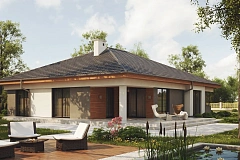 Одноэтажный просторный дом с эркером и крытой террасой.