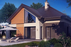 Необычные мансардные окна, фронтальный гараж и современные фасады выделяют этот проект среди остальных.