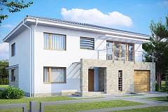 Двухэтажный дом с гаражом для одной машины, с интересным оформлением входной зоны.