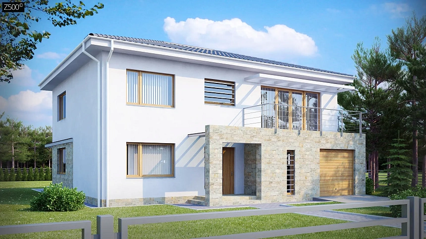 Двухэтажный дом с гаражом для одной машины, с интересным оформлением входной зоны.