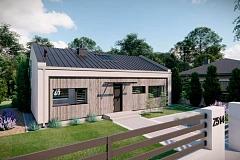 Современный функциональный одноэтажный дом с двускатной крышей