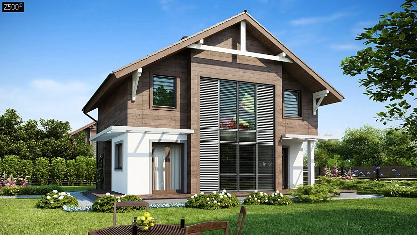 Проект мансардного дома с большой площадью остекления.