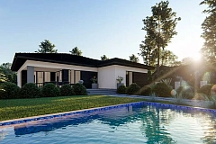 Современный одноэтажный дом с многоскатной крышей и гаражом на две машины.