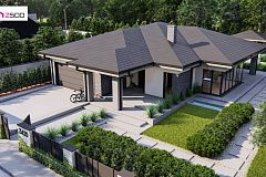 Cовременный одноэтажный дом с многоскатной крышей и гаражом на две машины.