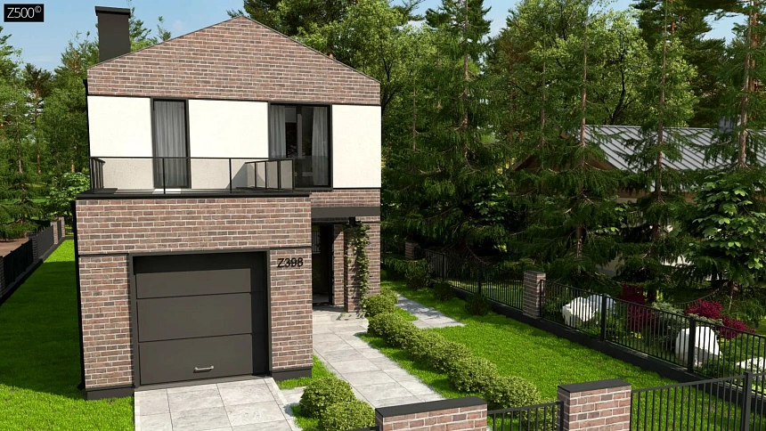 Двухэтажный проект дома с гаражом расположенным фронтально. Подойдет для узкого участка.