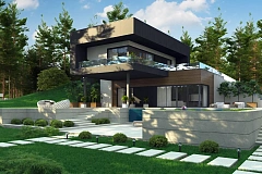 Проект современного двухэтажного дома. Проект подойдет для строительства на участке со склоном.