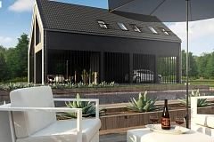 Мансардный дом простой формы с современным оригинальным экстерьером.