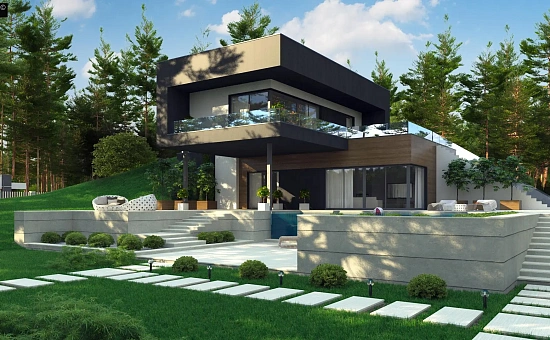 Проект современного двухэтажного дома. Проект подойдет для строительства на участке со склоном.