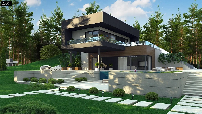 Проект современного двухэтажного дома. Проект подойдет для строительства на участке со склоном.