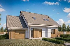 Проект практичного дома с эркером и гаражом на одну машину.