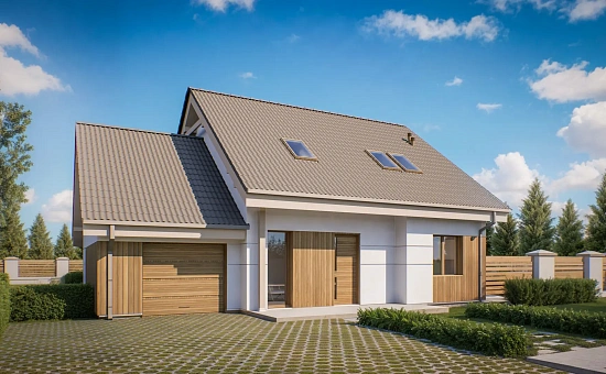 Проект практичного дома с эркером и гаражом на одну машину.