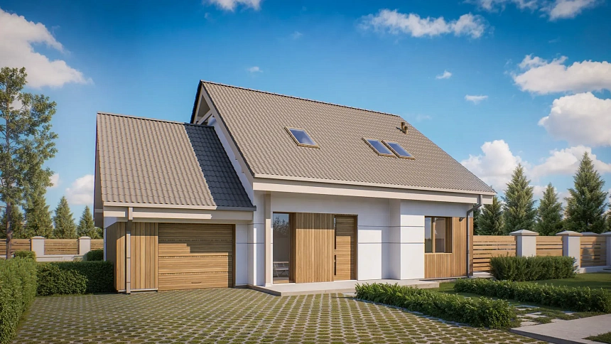 Проект практичного дома с эркером и гаражом на одну машину.