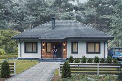 Одноэтажный дом с вальмовой крышей.