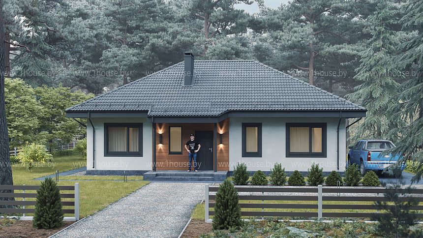 Одноэтажный дом с вальмовой крышей.