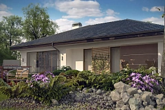 Проект одноэтажного дома с многоскатной крышей и гаражом на одну машину.