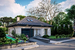 Дом с мансардой, 4-х скатной кровлей и гаражом на одну машину.