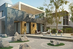 Дом современного дизайна с гаражом и кабинетом на первом этаже.