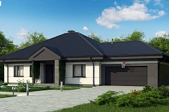 Проект одноэтажного дома с четырехскатной кровлей и гаражом на два автомобиля.