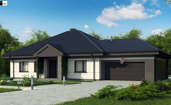 Проект одноэтажного дома с четырехскатной кровлей и гаражом на два автомобиля.