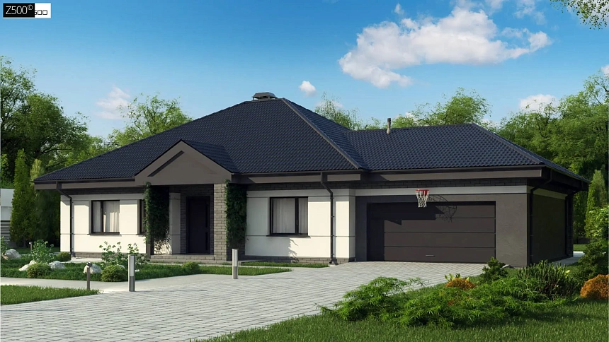 Проект одноэтажного дома с четырехскатной кровлей и гаражом на два автомобиля.