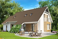 Проект просторного функционального дома с мансардой, гаражом для одной машины и дополнительной спальней на первом этаже.