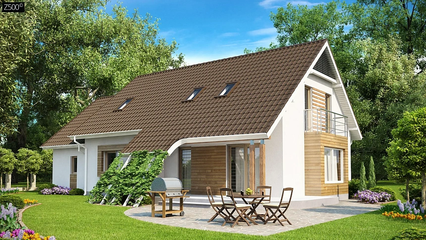 Проект просторного функционального дома с мансардой, гаражом для одной машины и дополнительной спальней на первом этаже.