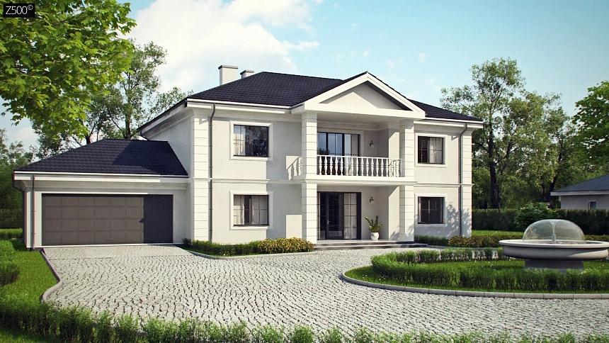 Двухэтажная вилла с гаражом, c балконом над входом.