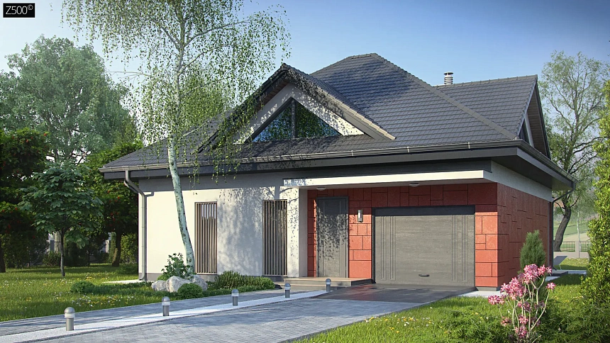 Практичный дом со встроенными гаражом, с большой площадью остекления в гостиной.