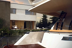 Двухэтажный дом в модернистском дизайне с гаражом и террасой на верхнем этаже.