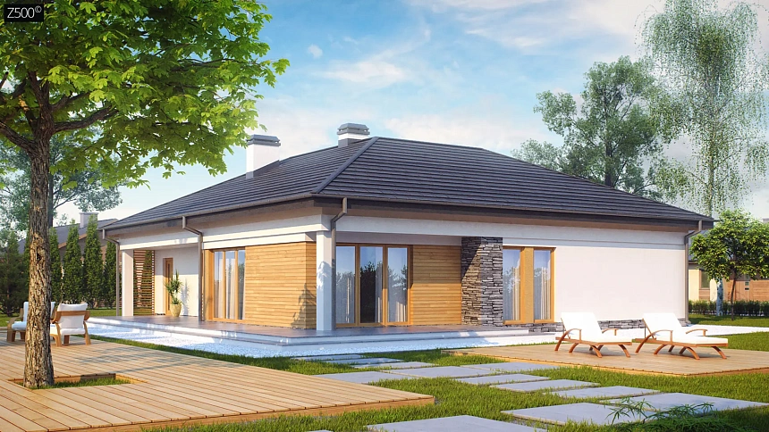 Проект функционального одноэтажного дома с боковым гаражом на два автомобиля