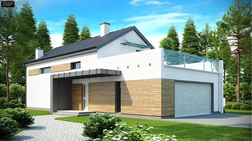 Дом современного простого дизайна. Продольная форма, уютный комфортный интерьер.