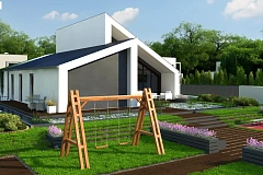 Современный дом с просторной гостиной и большим остеклением