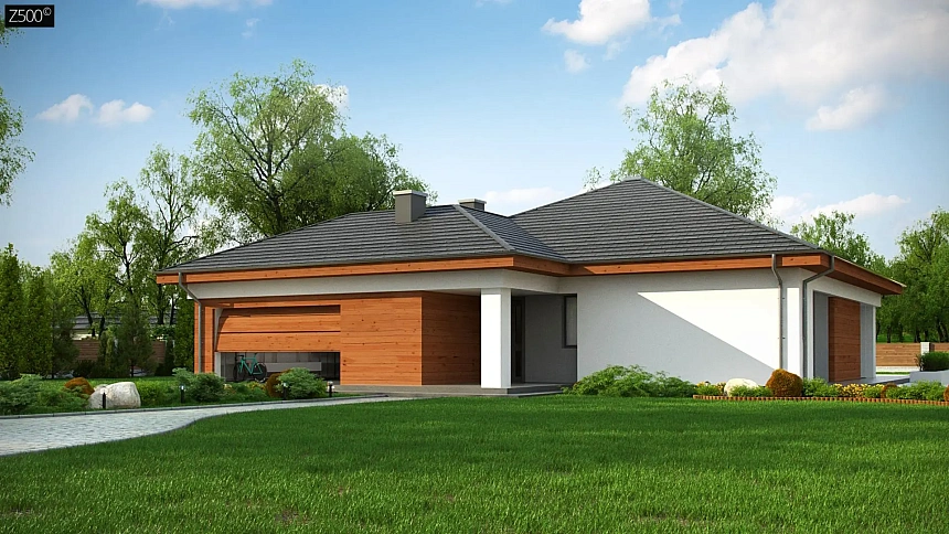 Проект комфортного одноэтажного дома с гаражом для двух авто.