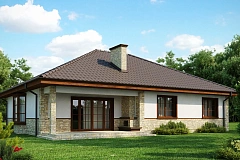 Одноэтажный дом с многоскатной кровлей, эркером и камином на террасе.