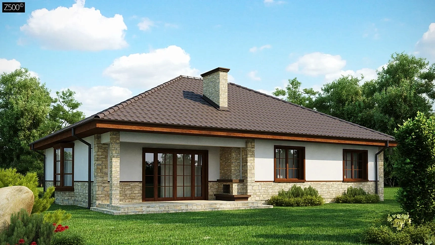 Одноэтажный дом с многоскатной кровлей, эркером и камином на террасе.