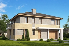 Комфортабельный двухэтажный дом простого современного дизайна. Кирпичная облицовка фасадов.