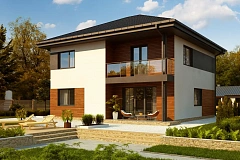 Проект современного двухэтажного дома с двумя комнатами на первом этаже.