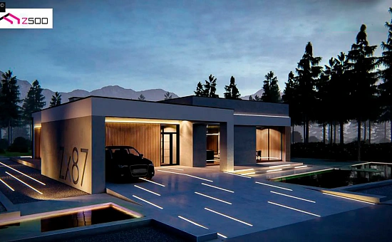 Современный одноэтажный дом с навесом для автомобиля