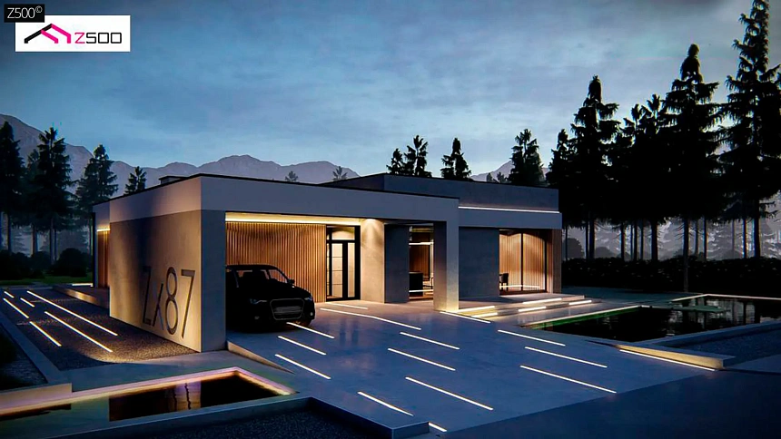 Современный одноэтажный дом с навесом для автомобиля