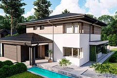 Двухэтажный дом с многоскатной крышей, гараж на 2 машины, большая гостиная