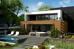 Двухэтажный коттедж с плоской крышей и большой террасой