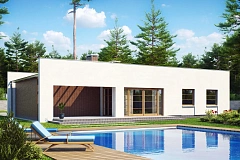 Одноэтажный дом с плоской крышей, со светлым функциональным интерьером и гаражом.