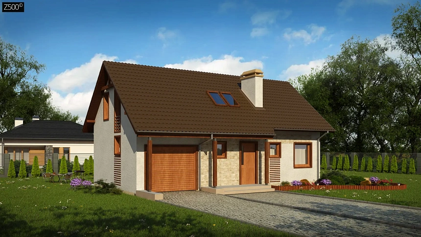 Версия проекта дома Z71 с гаражом, пристроенным слева.