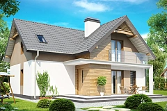 Проект удобного функционального дома с мансардой и гаражом T-образной формы.