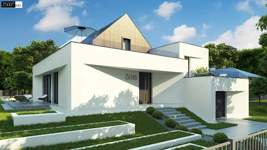 Проект современного коттеджа с цоколем и мансардой