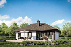 Компактный и удобный одноэтажный дом с многоскатной крышей.